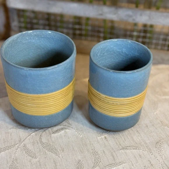 Vtg Tea Cups Crackled Pottery‎ Blue and Bamboo Wrapped. Sake Or Tea. Set of 2