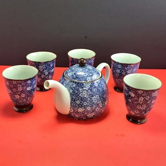 Vintage Tachikichi Japanese Tea Set 6 Pc Blue Calico Floral Teapot Cups EX