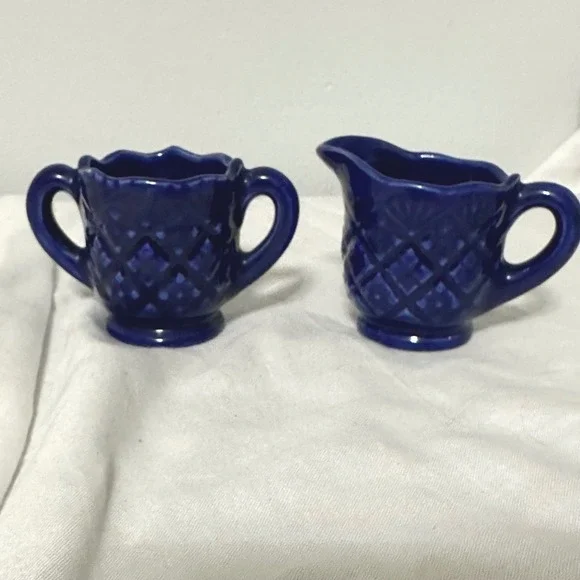 Vintage Mini Cream and Sugar Set Cobalt Blue Excellent Quilted Ceramic Tea Retro