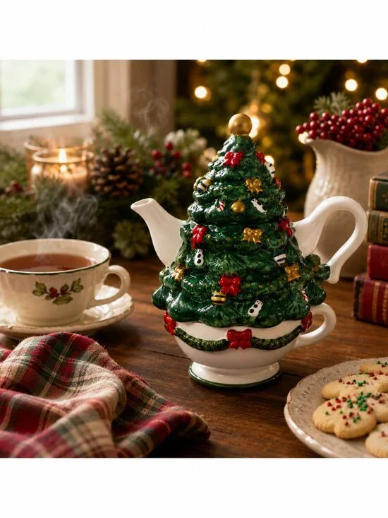 Vintage J.S.N.Y Christmas Tree Tea For One Set Hand Painted Ceramic Teapot Cup