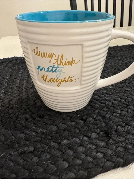 Ceramic White Mug with Turquoise Interior - Inspirational Gold Script