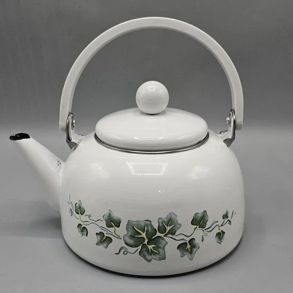Vintage Corelle Callaway Green Ivy Tea Kettle Enamelware Cottage Grandmacore