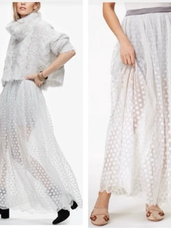 Free People White Polka Dot Mesh Maxi Skirt