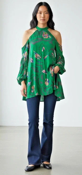 Free People Green Floral Cold Shoulder Halter Tunic Blouse Size Small Boho