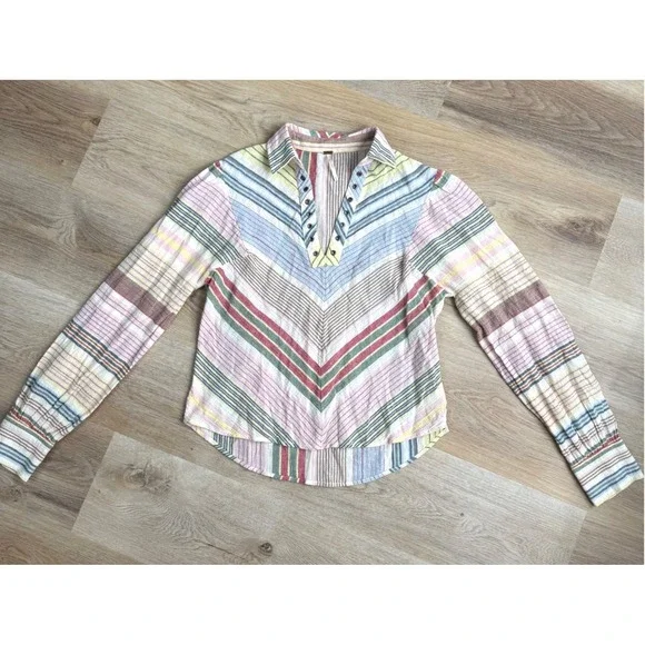 Free People Multicolor Striped V-Neck Blouse Womens Size M Boho Beacy Casual