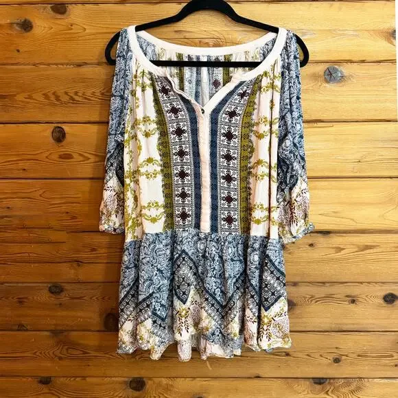 Free People Boho Patchwork Peasant Top in Blue, Cream, Olive
