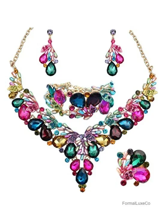 Statement Jewelry Set with Rhinestone Crystal Pearl - 14k Gold Plated