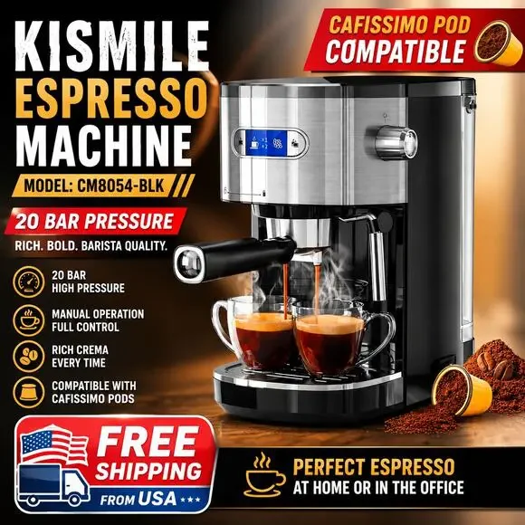 Espresso Machine, Cafissimo Pod Compatible 20 Bar w/ Manual, Kismile #CM8054-BLK