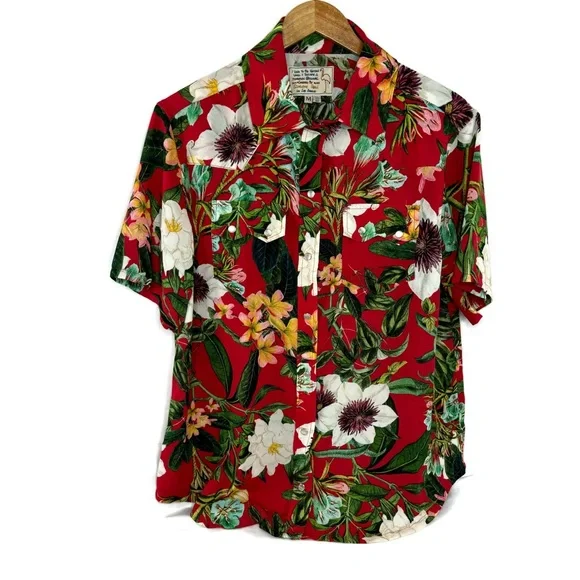 Sandrine Rose Red Hot Tropics Pearl Snap Button Down New Condition Medium
