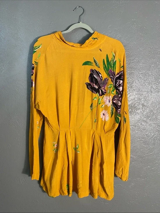 Free People Gemma Tunic Dress XS Mustard Floral Open Back Tie Boho Mini