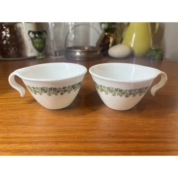 Vintage PAIR Coffee Tea Cups Corelle Spring Blossom Crazy Daisy Open Hook Handle
