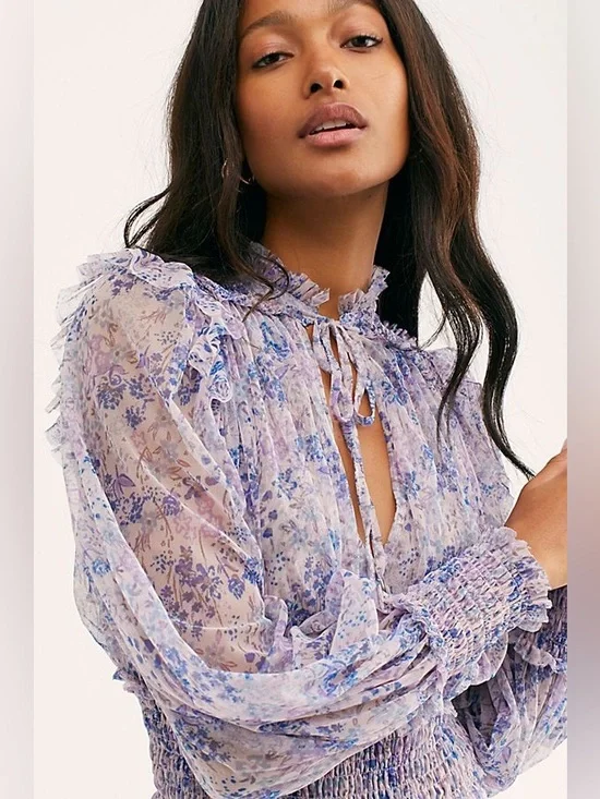 Free People Twyla Floral Smocked Waist Blouse