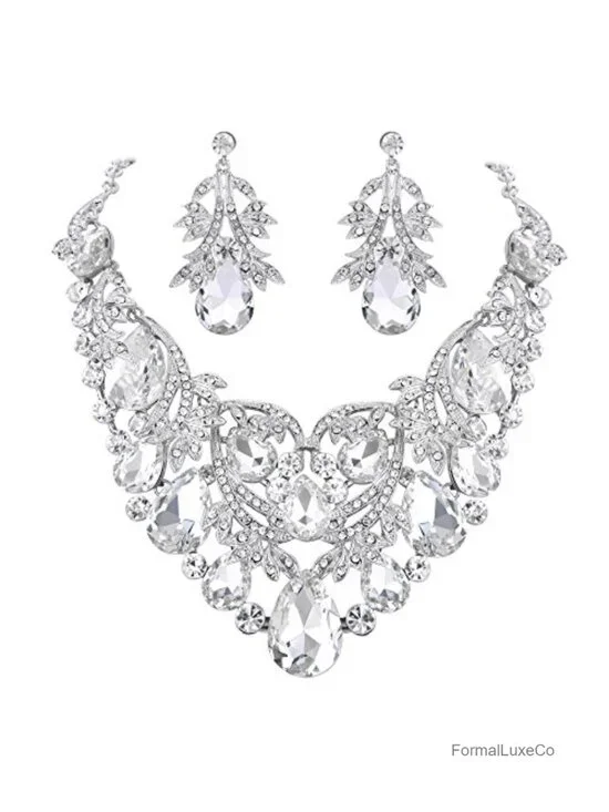 Austrian Crystal Teardrop Filigree Leaf Hollow Statement Necklace & Earrings Set