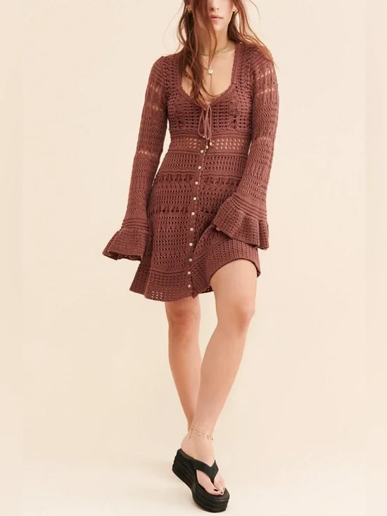 NWT Free People Sedona Crochet Mini Dress Chocolate Brown Bell Sleeve Sz Medium