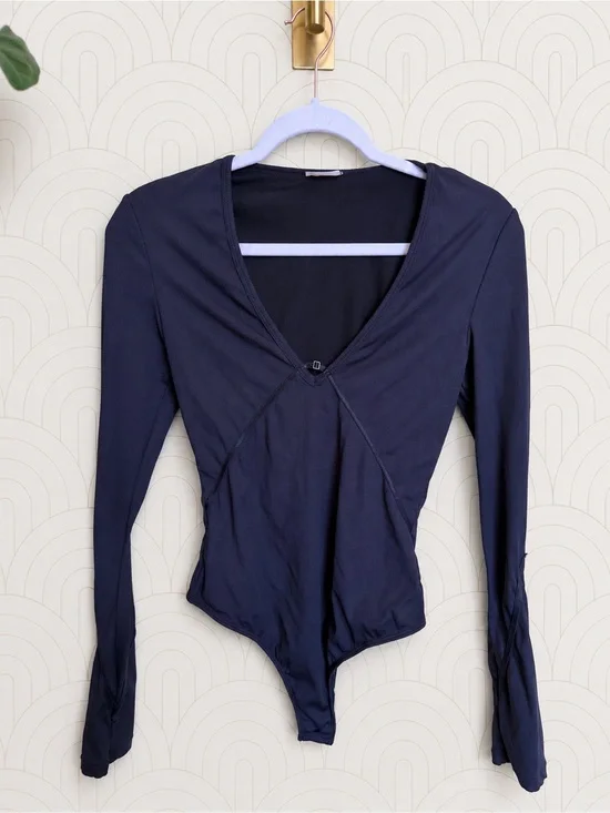Free People Victoria Black Long-Sleeve V-Neck Bodysuit