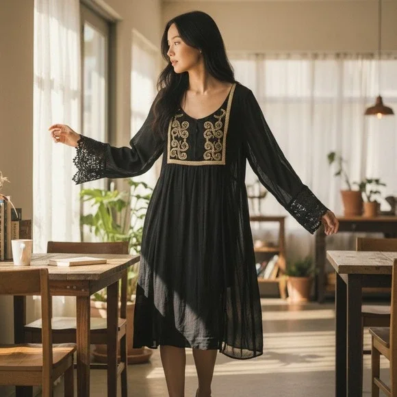 Free People Mini Dress Small Black Gold Embroidered Lace Bell Sleeve Boho Witchy
