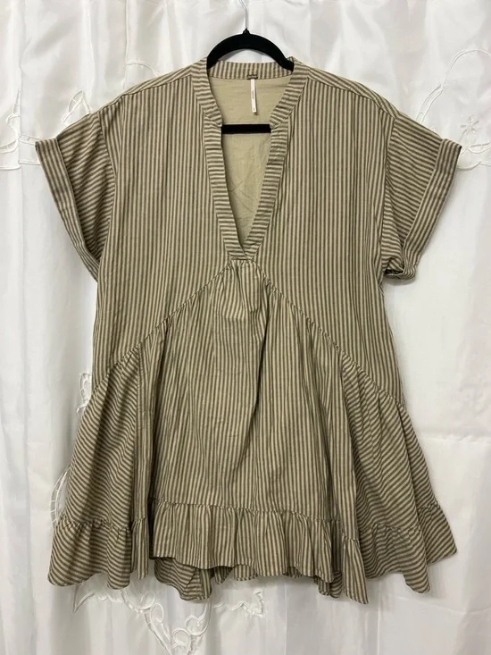 Free People NWOT Stripe Babydoll Mini Dress Tan Gray Linen Blend Oversized Small
