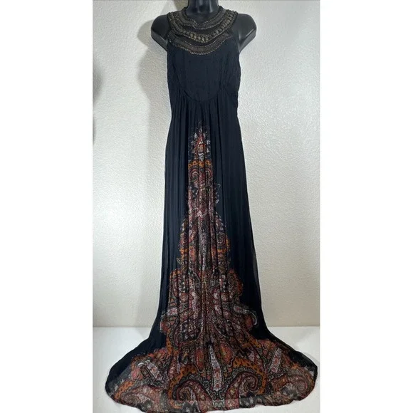 Free People Demeter Black Dress 4 Metal Beaded Boho Maxi Gown Whimsygoth $400 😍