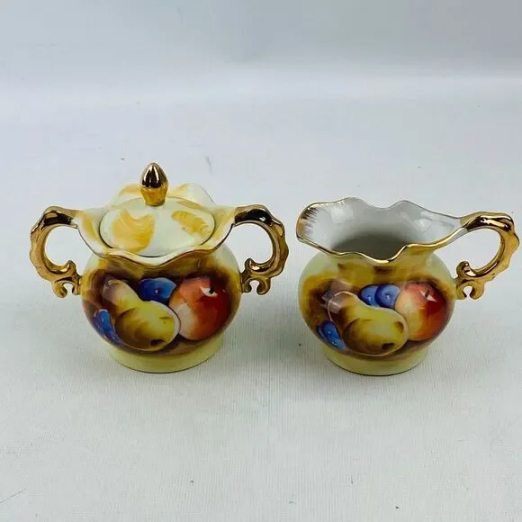 Vtg Enesco Fruit Pattern Sugar Creamer Gold Trim Hand Painted E2355 Pear Apple‎