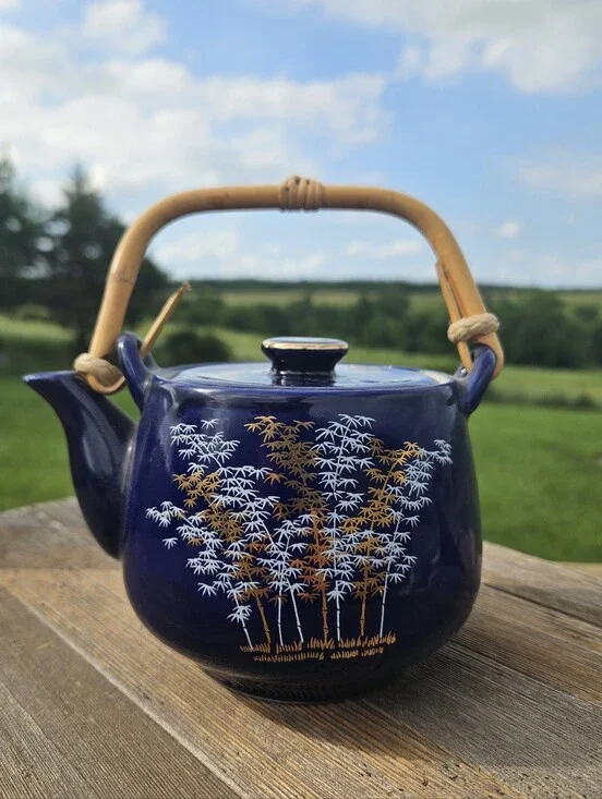 Vintage Japanese Cobalt Blue Porcelain Teapot Gold Bamboo Design Wrapped Handle