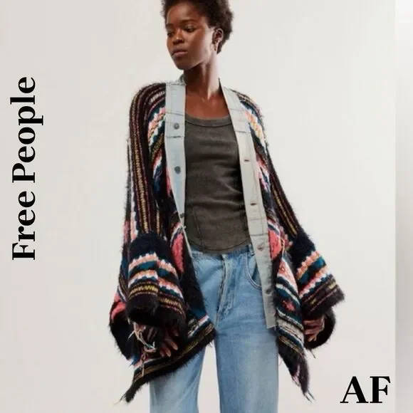 Free People Running Wild Poncho in Black Lighting XS/S New