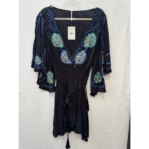 Free People Women's Sz M Cora Embroidered Mini Dress Black Blue Floral Boho NWT