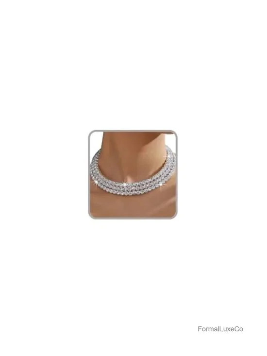 3 Layer Rhinestone Choker Necklace, 14K Gold Plated, Sparkly Crystal Statement