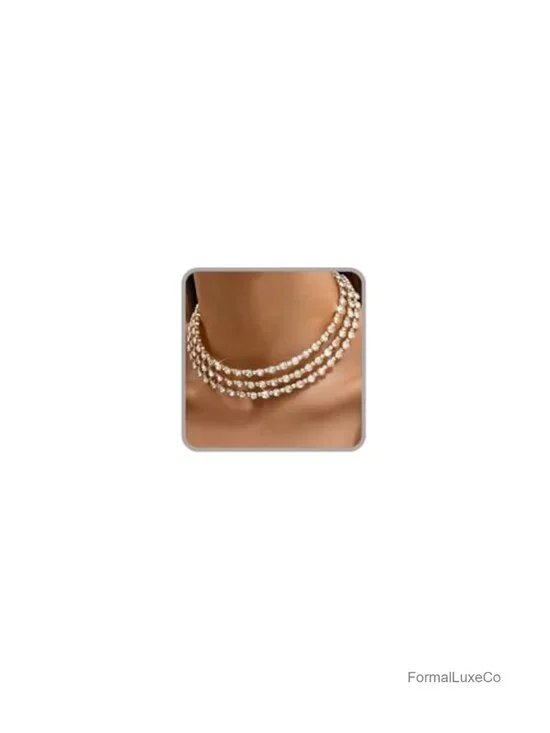 14K Gold Plated 3 Layer Rhinestone Choker Necklace for Women, Sparkly Crystal