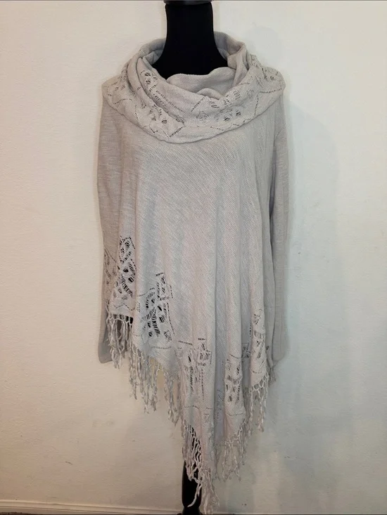 Free People Light Gray Crochet-Trim Cowl Poncho Sweater