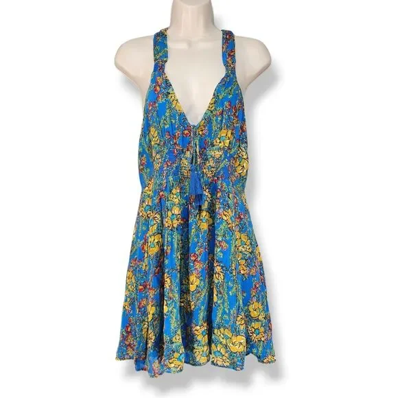 Free People Washed Ashore Mini Dress Blue Floral Halter Criss Cross Back Size M