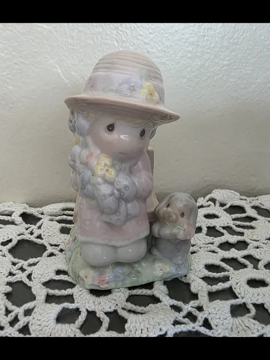 Enesco Pastel Pink and Cream Ceramic Girl Figurine with Bunny