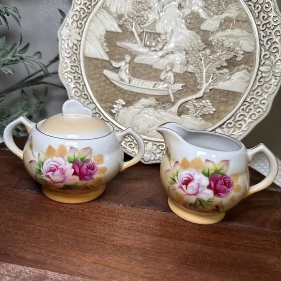 Hand Painted Porcelain Creamer Sugar Bowl Pink Roses Gold Trim Set Vintage