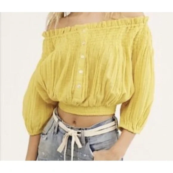 Free People Women‎ Dancing Til Dawn Cropped Top Butter Yellow Sz XS Peasant Boho