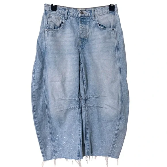 Free People Womens 26 Lucky You Mid Rise Barrel Jeans Light Wash Blue Splatter