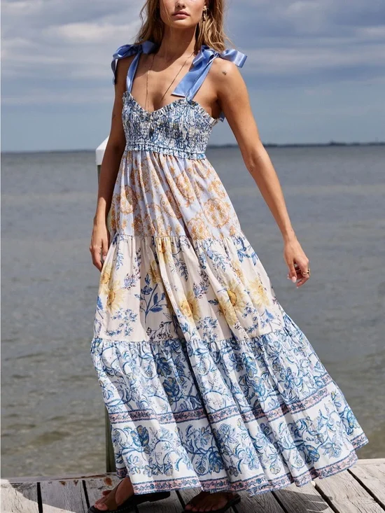 Free People Blue and Cream Floral Tie-Shoulder Maxi Dress