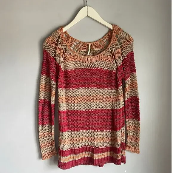 Free People Desert Moon Slouchy Fisherman Open Knit Sweater Pink Striped XS