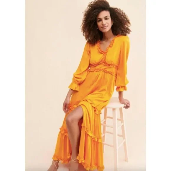 NWT BTFL-Life Free People tangerine orange ruffle tiered lace maxi dress