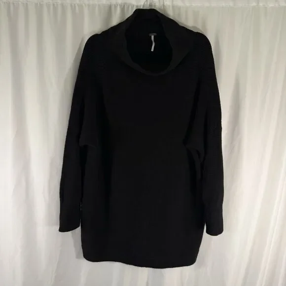 Free People Ottoman Slouchy Tunic Sweater Women's Large Black Ribbed Knit Pullov