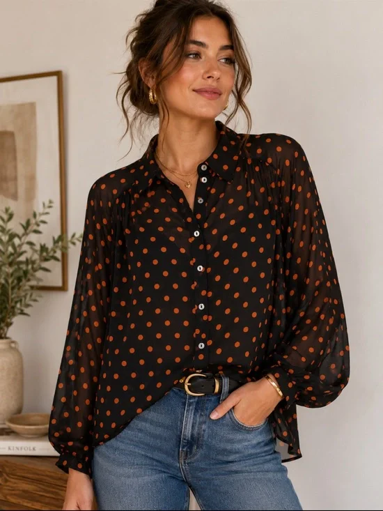 Free People Black Blouse with Orange Polka Dots