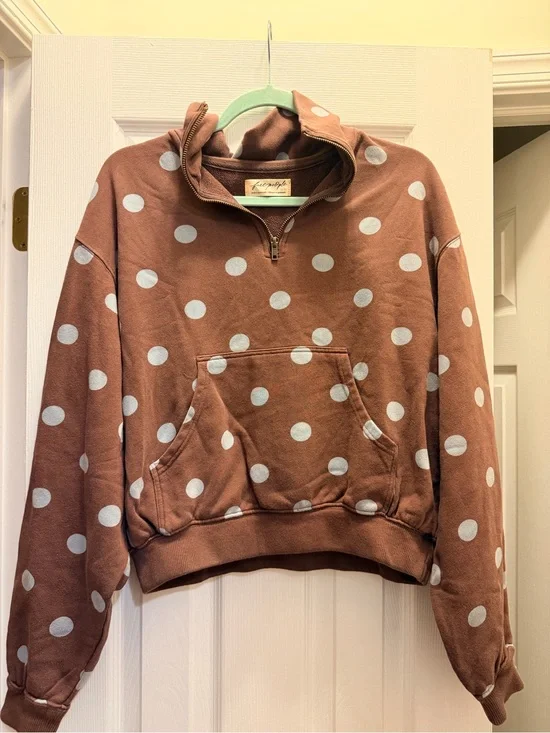 Free People Brown Polka Dot Quarter-Zip Pullover