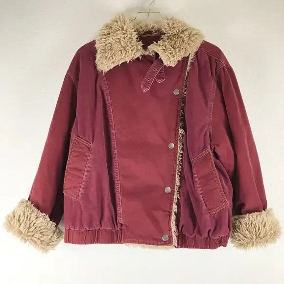 Free People Owen Sherpa Jacket Twill Asymmetrical Button Buckle Bomber Aviator L