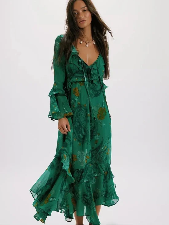 Free People Emerald Green Paisley Ruffle Maxi Dress