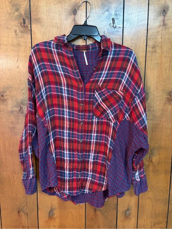 Free People Burgundy and Navy Plaid Button-Up Shirt