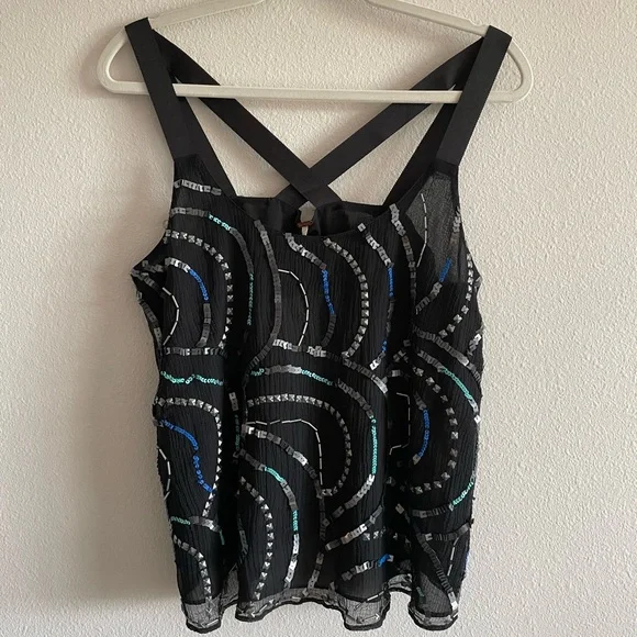 NWT Free People Tank Top Sequins Criss-Cross Women’s Medium Black Bedazzled