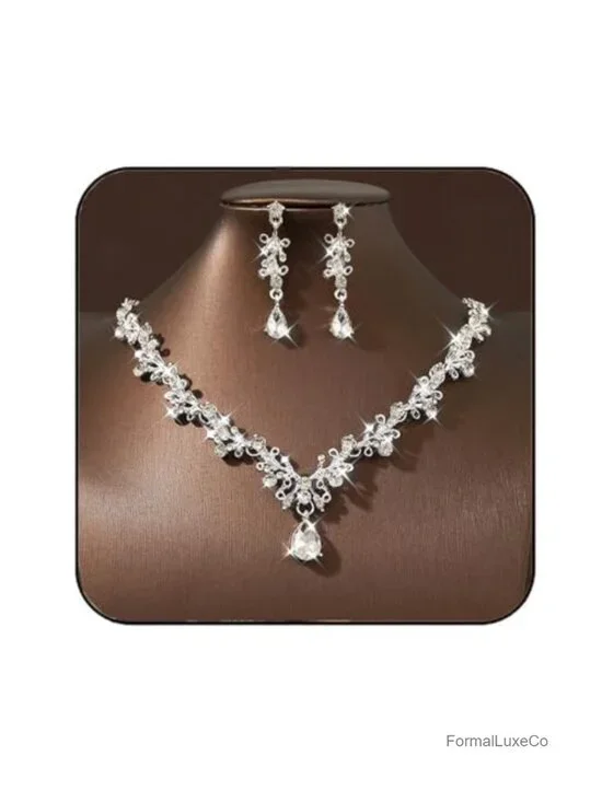 Bridal Rhinestone Necklace & Earring Set Wedding Jewelry for Women