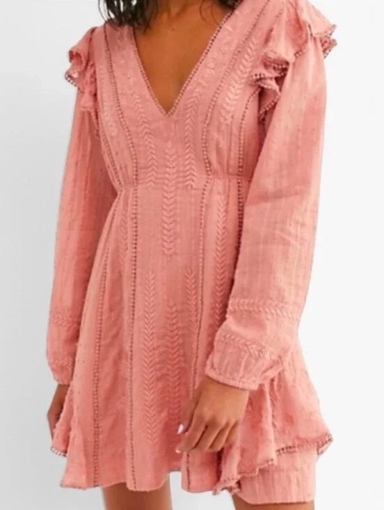 Free People Isabella Dusty Rose Ruffle V-Neck Long-Sleeve Dress Size 8