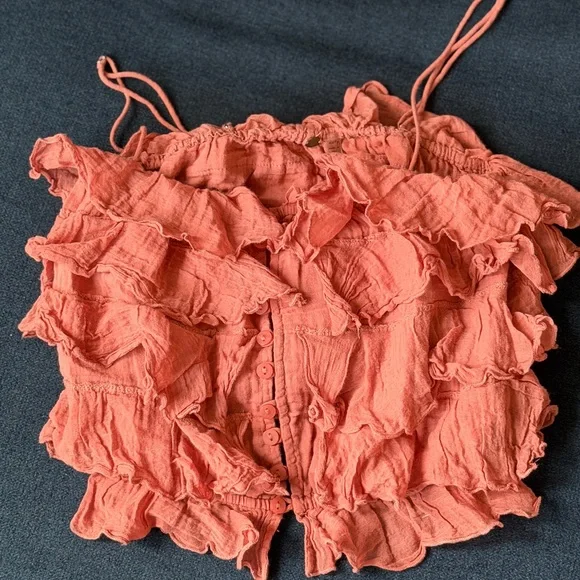 Free People Coral Ruffle Button-Front Crop Top