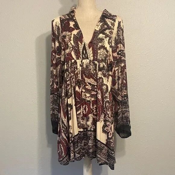 Free People Ivory & Burgundy say You Love Me Love Sleeve Paisley Dress Size Med