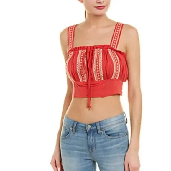 Top Cropped Camisole Square Neck Wide Embroidered Straps & Bodice Red Size XS
