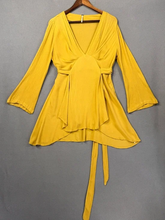 Free People Mustard Yellow V-Neck Flowy Tunic Dress with Waist Tie, XS